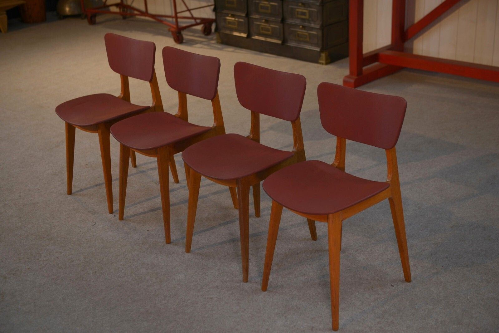 1960's Burgundy Oak And Skai Design 4 Chairs Set photo furniture
