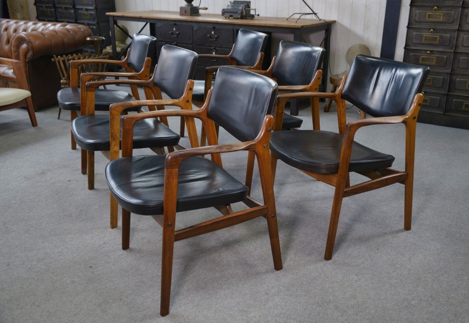 Set Of 6 Scandinavian Leather And Rosewood Armchairs By Gondo Gravesen photo buy