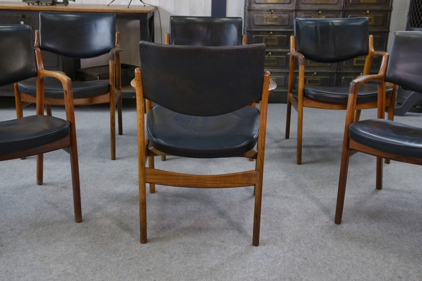 Furniture Set Of 6 Scandinavian Leather And Rosewood Armchairs By Gondo Gravesen photo