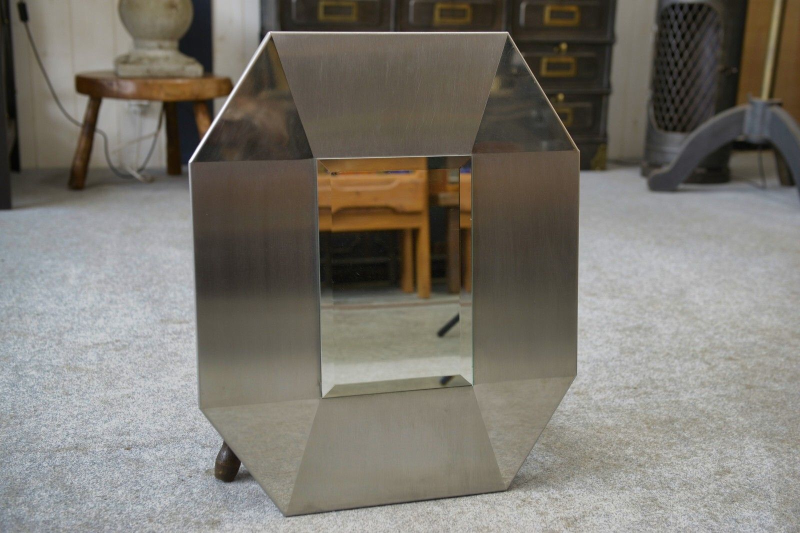 Brushed And Chrome Stainless Steel Design Mirror, Beveled Glass 1970's