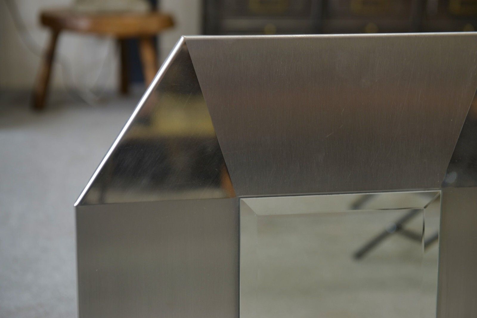 Brushed And Chrome Stainless Steel Design Mirror, Beveled Glass 1970's photo for sale