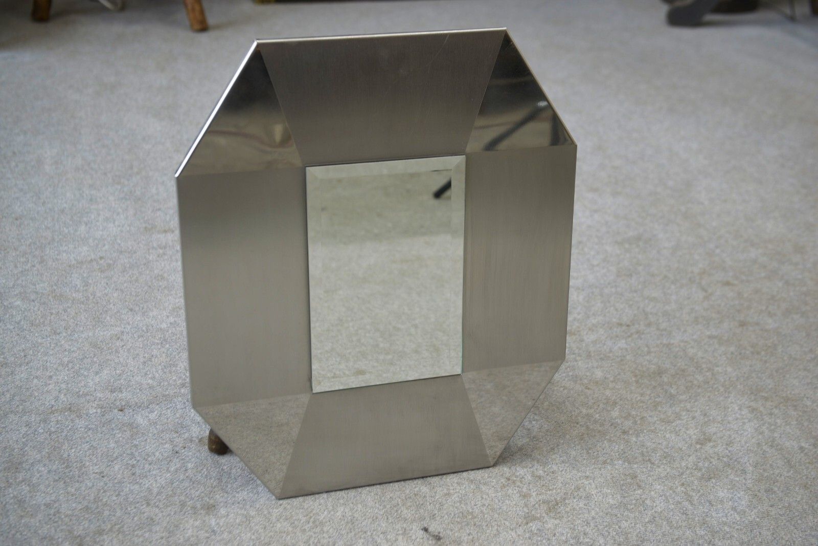 Brushed And Chrome Stainless Steel Design Mirror, Beveled Glass 1970's photo vinterior