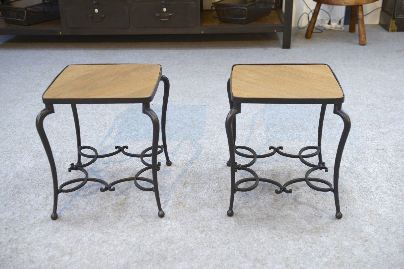 Pair Of Wrought Iron Side Tables And Oak Top French Work photo furniture