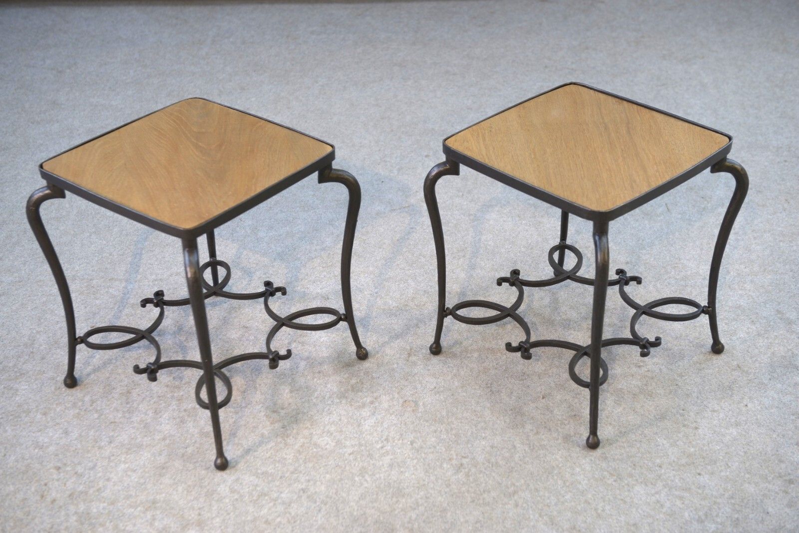 photo for sale Pair Of Wrought Iron Side Tables And Oak Top French Work