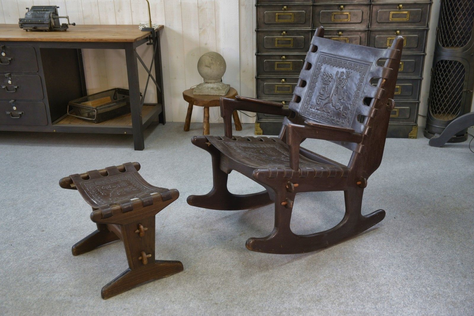 1960's Brown Wood And Leather Ottoman Armchair By Angel Pazmino