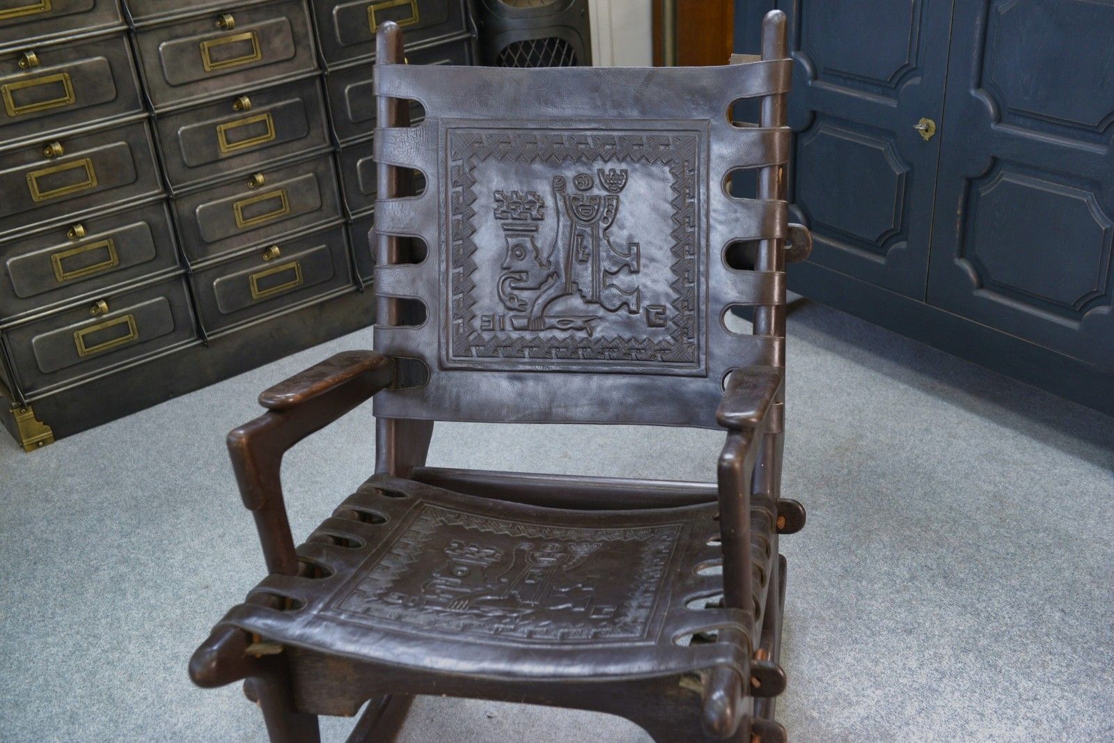 1960's Brown Wood And Leather Ottoman Armchair By Angel Pazmino photo for sale