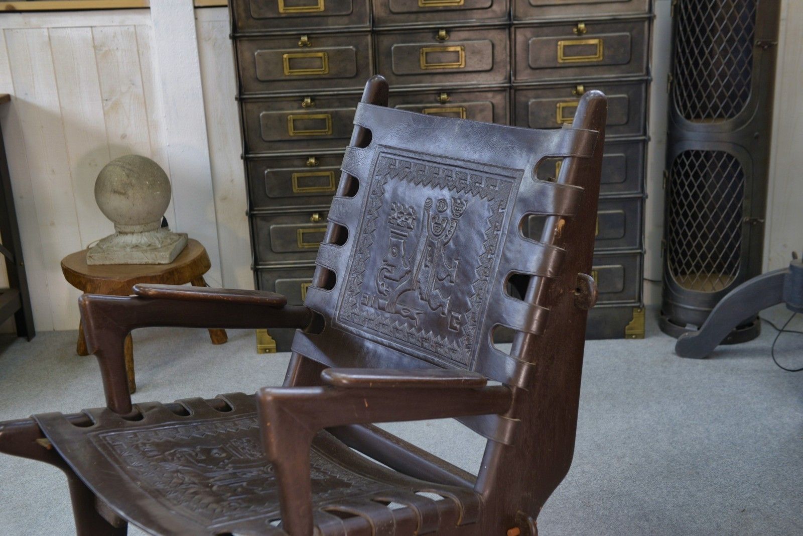 photo for sale 1960's Brown Wood And Leather Ottoman Armchair By Angel Pazmino