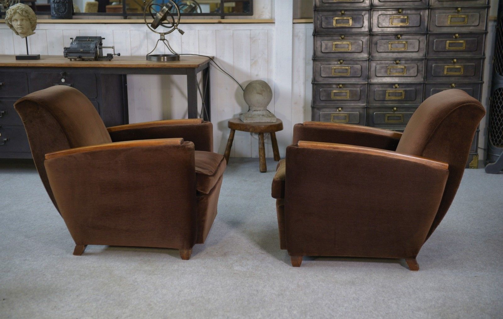 photo furniture Pair Of Art Deco Velvet Club Armchairs In The Taste Of Jules Leleu 1930's