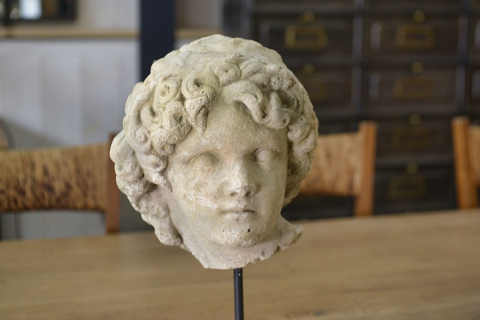 Reconstructed Stone Head Sculpture Carved Antique Style 19th Century photo furniture