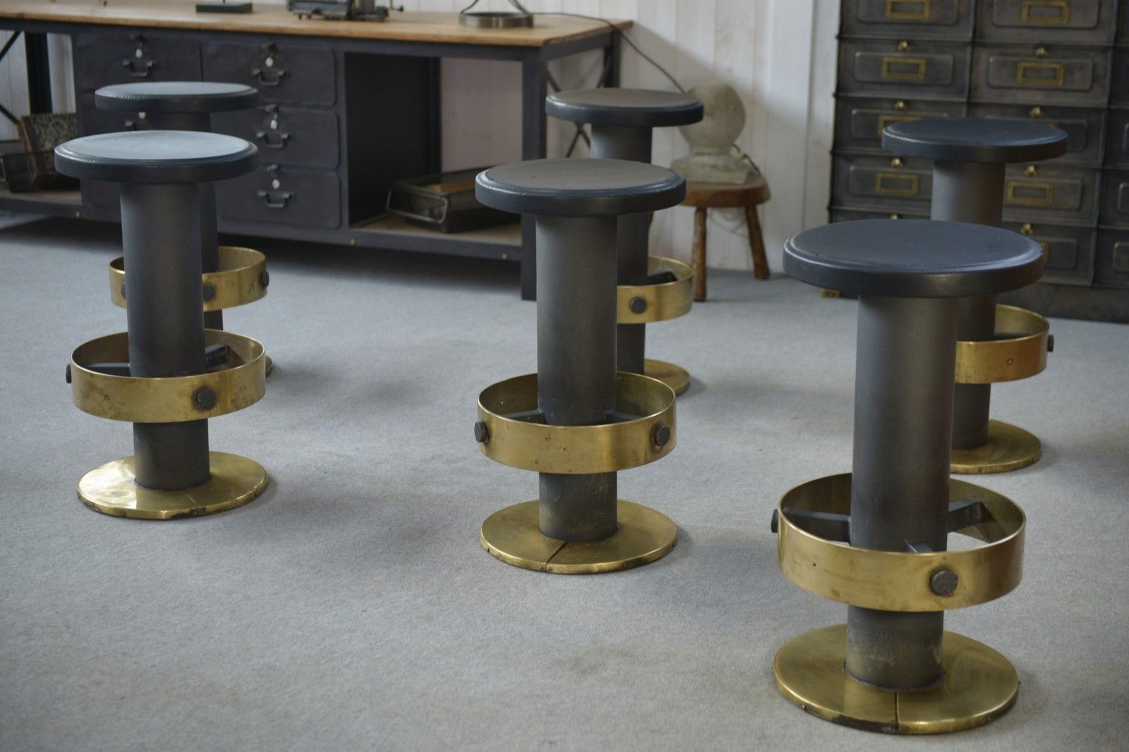 photo for sale 1980's Steel And Brass Stool Set Of 6
