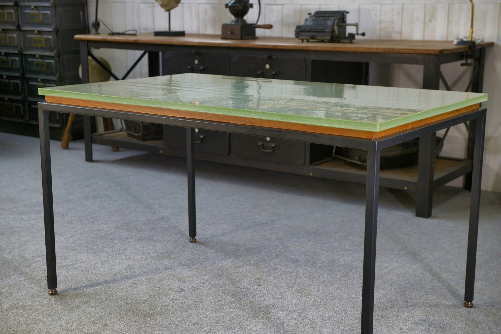 Saint Gobain Glass And Black Lacquered Metal Design Table 1960's photo vintage