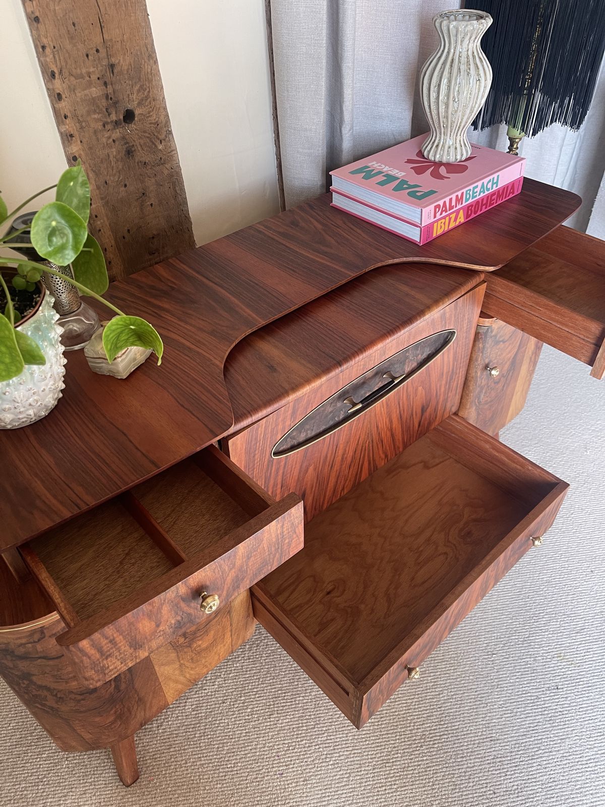 Mid Century Beautility Walnut Burl Cocktail Cabinet photo vintage