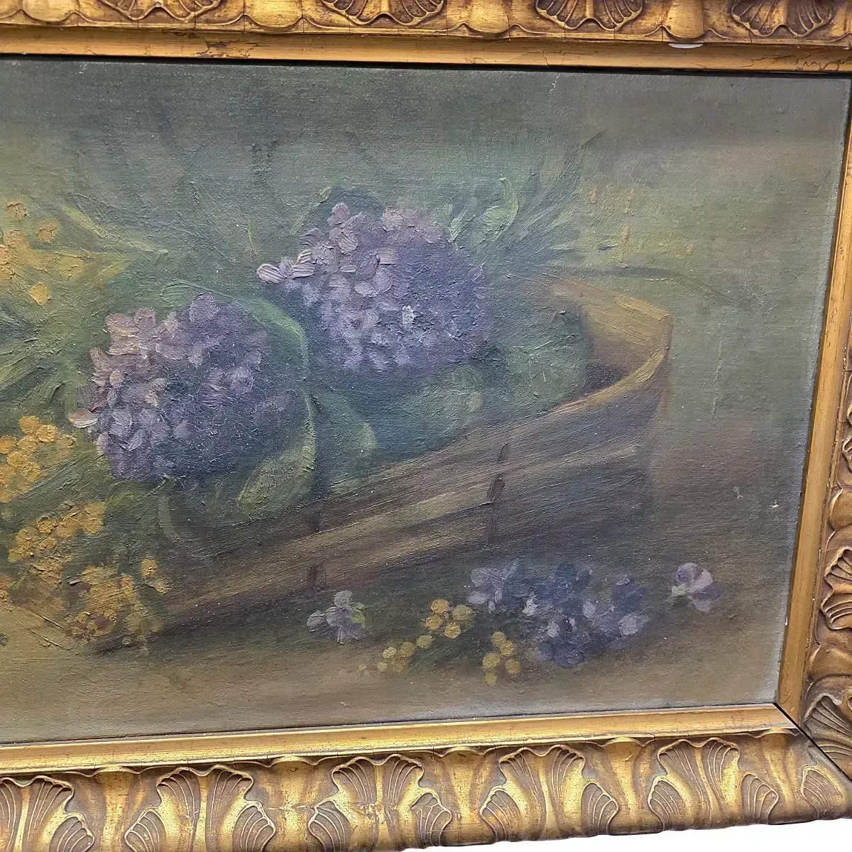 Antique Oil Painting Flower Still Life Ml.B. Early 1900s photo for sale