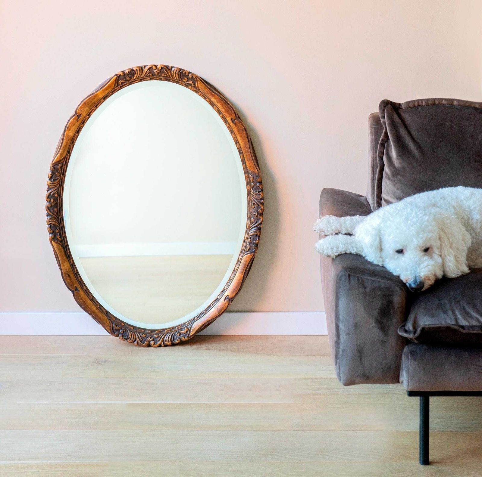 Antique Oak Oval Wall Mirror – Beveled Glass – Hand Carved Ornate Frame – Vintage Victorian Style Decor photo furniture