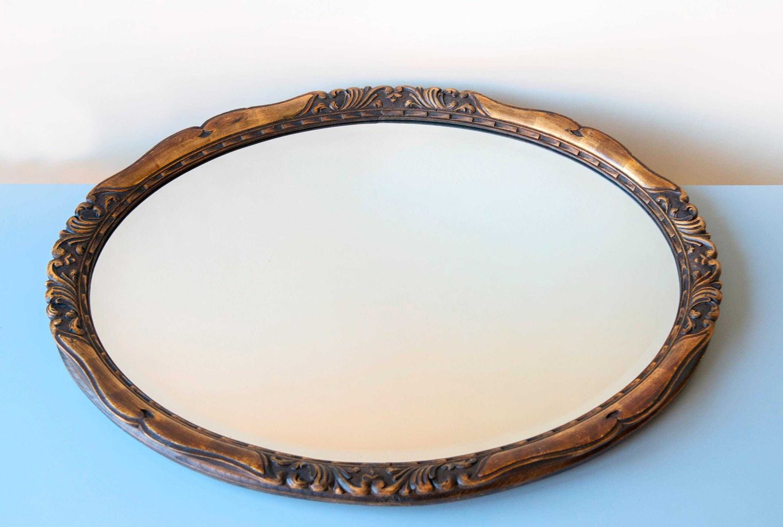 Home Decor Antique Oak Oval Wall Mirror – Beveled Glass – Hand Carved Ornate Frame – Vintage Victorian Style Decor photo