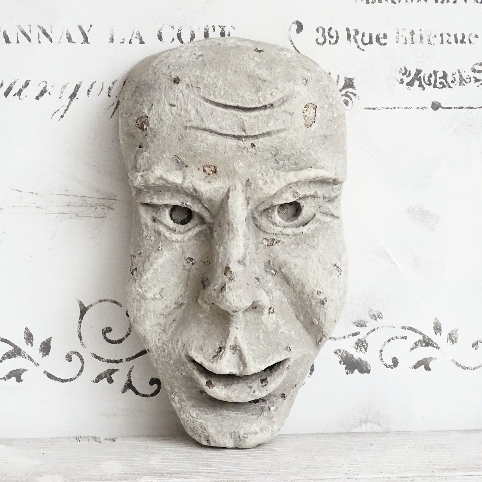 photo for sale Grotesque Plaster Face Wall Sculpture, Distressed Creepy Portrait Mask, Human Face Plaster Cast Head
