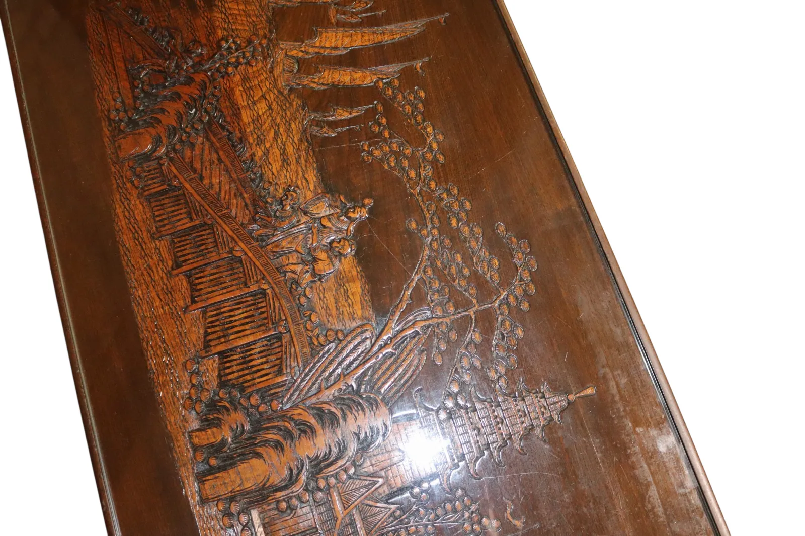 Vintage Chinoiserie Chinese Carved Wood Coffee Table Glass Top photo Furniture