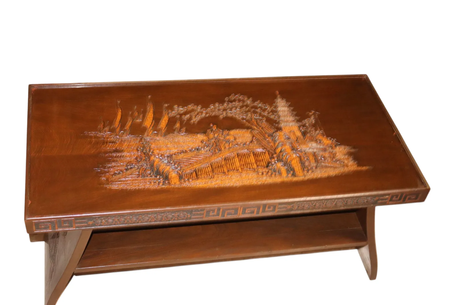 photo vinterior Vintage Chinoiserie Chinese Carved Wood Coffee Table Glass Top