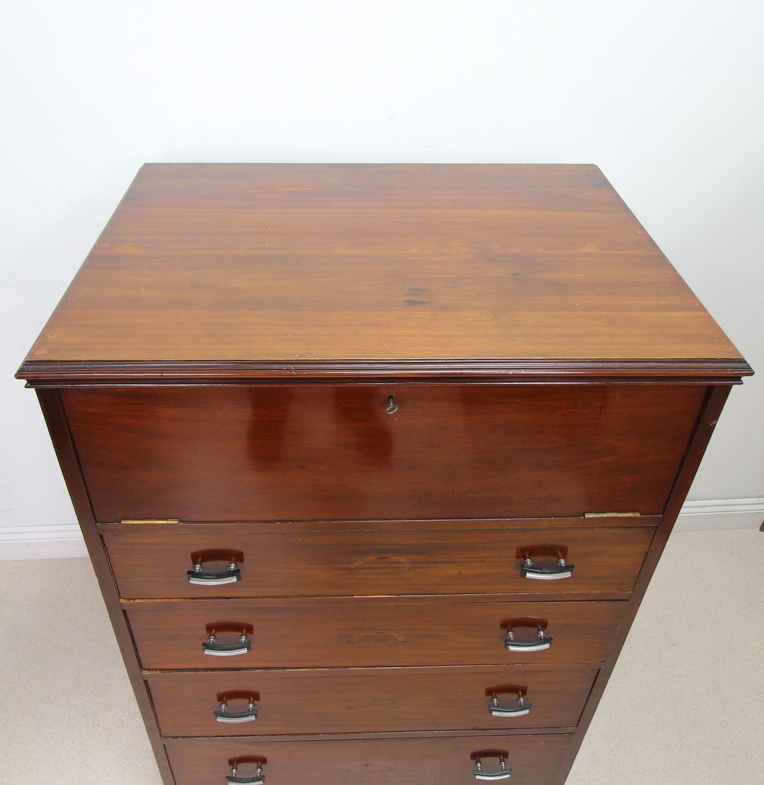 Large Art Deco Mahogany Secretaire Chest Of Drawers With Drop Front photo vinterior