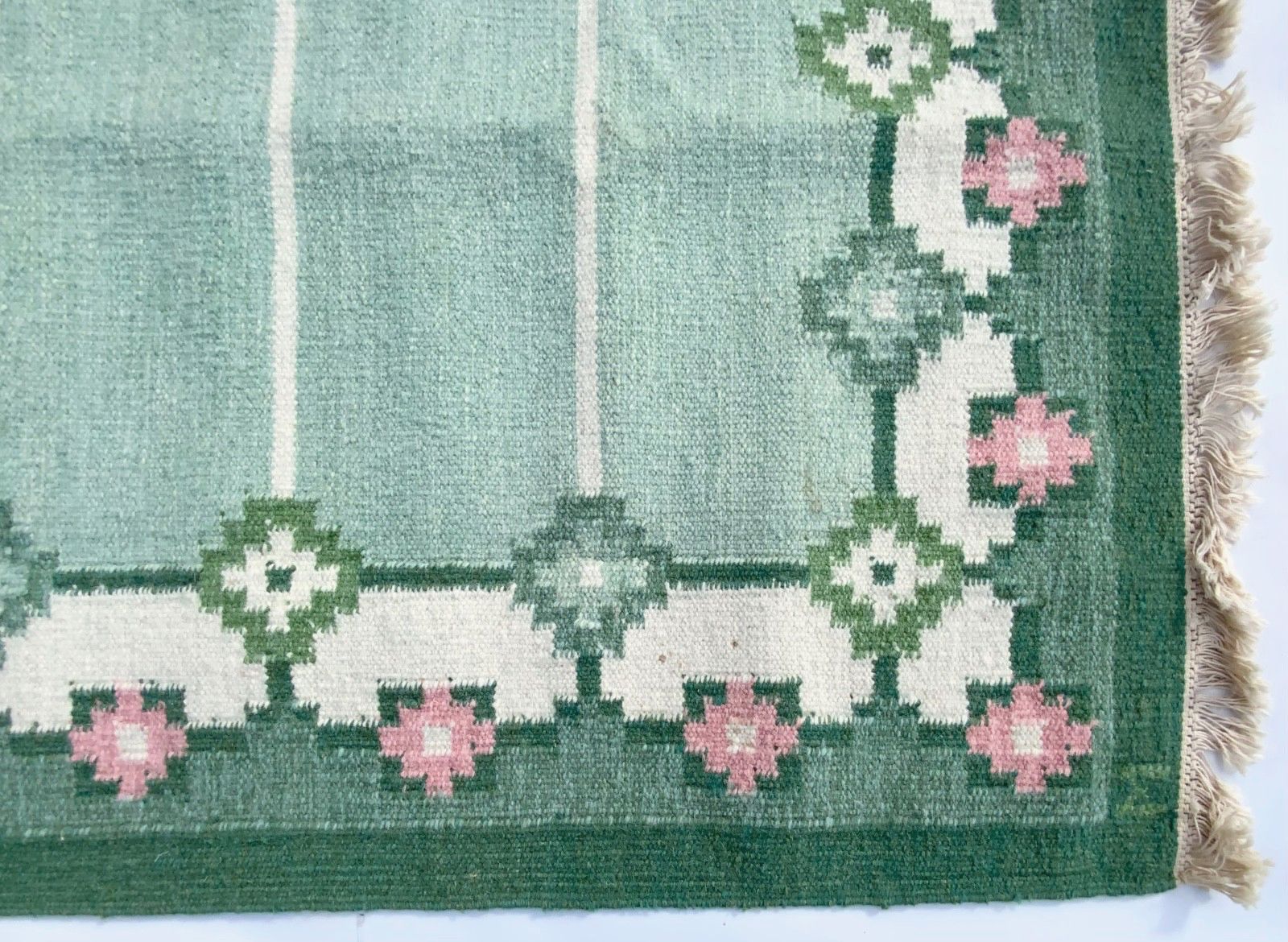 Swedish Green Wool Rug Flat Weave Kilim Rölakan Rug By “M”1960,  208cm X 140 Cm photo buy