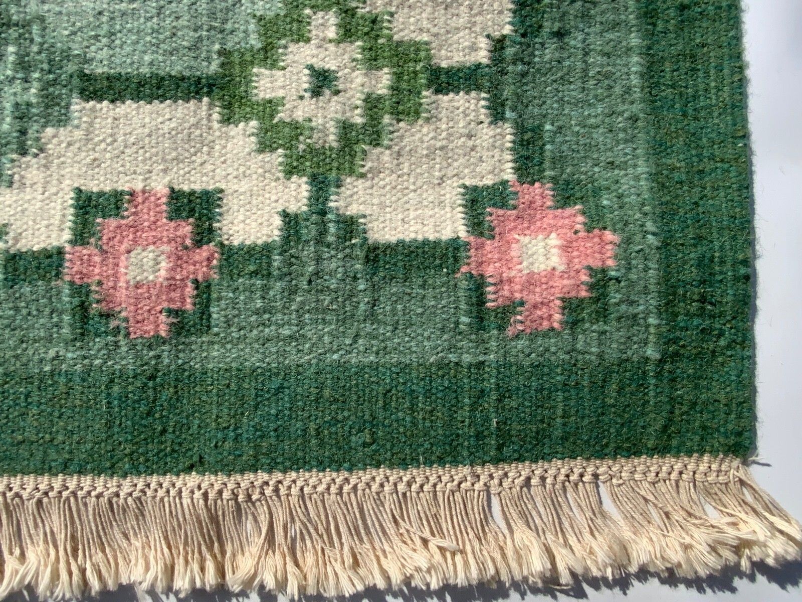 photo for sale Swedish Green Wool Rug Flat Weave Kilim Rölakan Rug By “M”1960,  208cm X 140 Cm