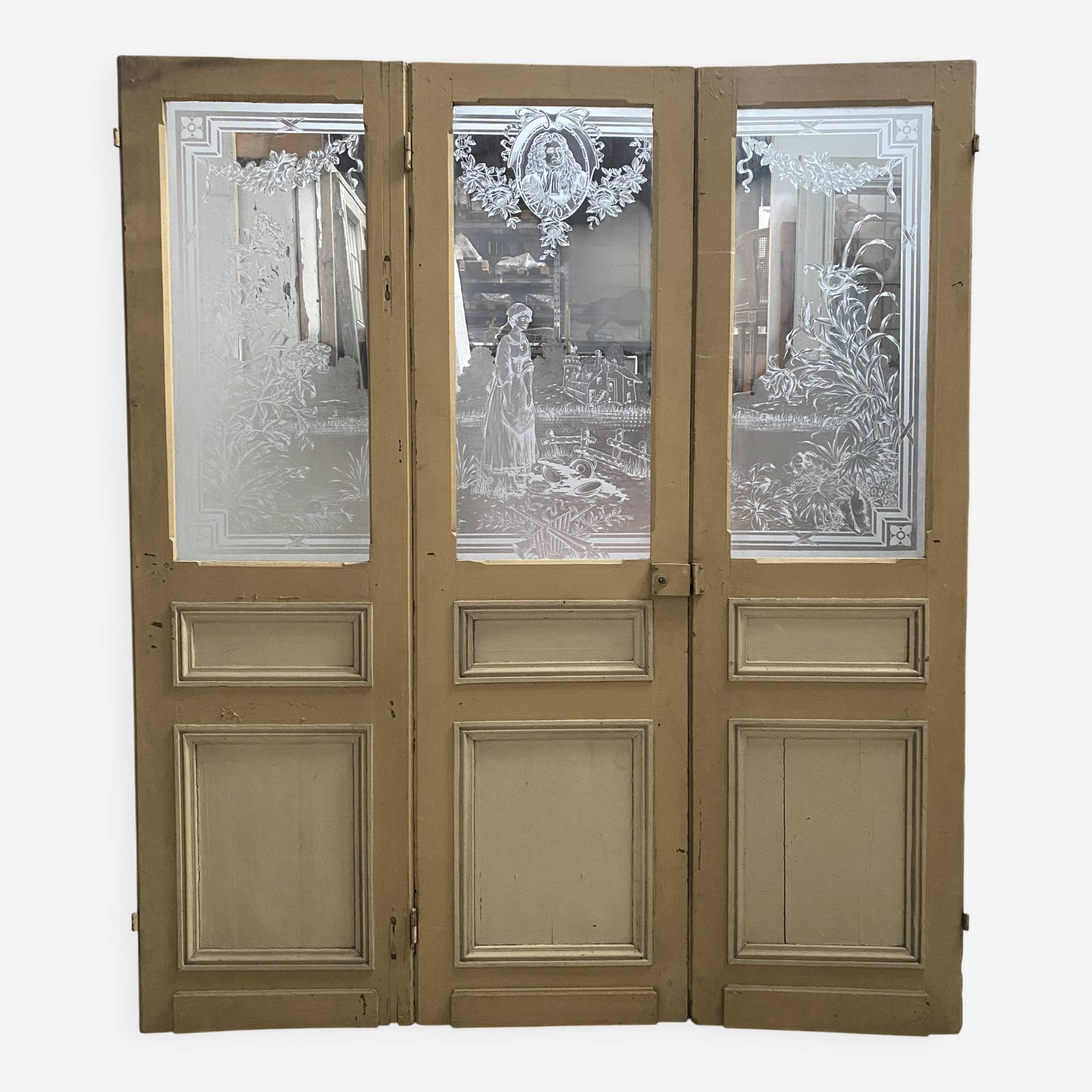 Set Of Three Art Nouveau 20th Century Wooden And Etched Glass Partition Doors