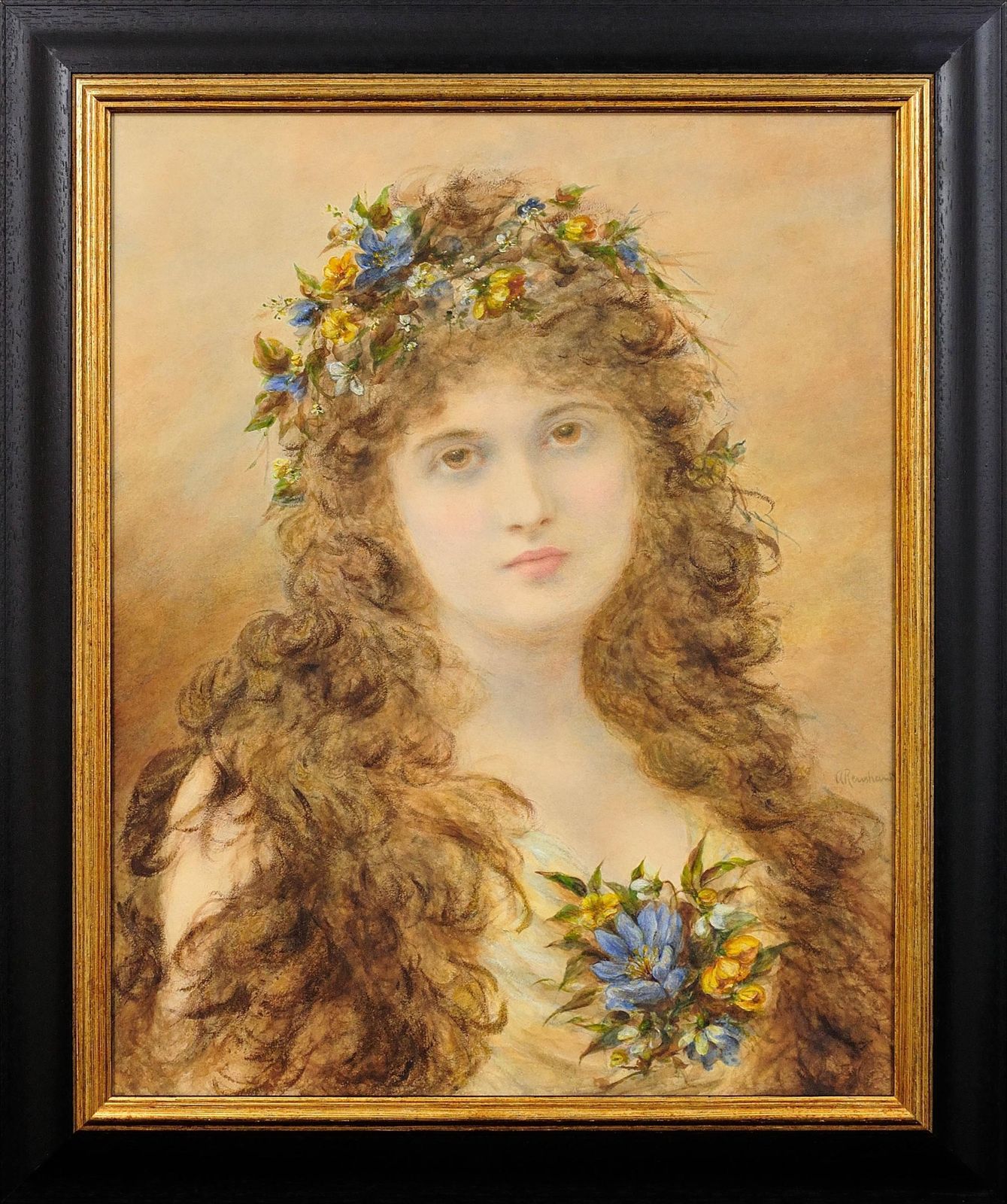 Alice Renshaw 1849 To 1900. Primavera. Young Lady With Springtime Flowers In Her Cascading Locks. Framed Victorian Mixed Media Painting.