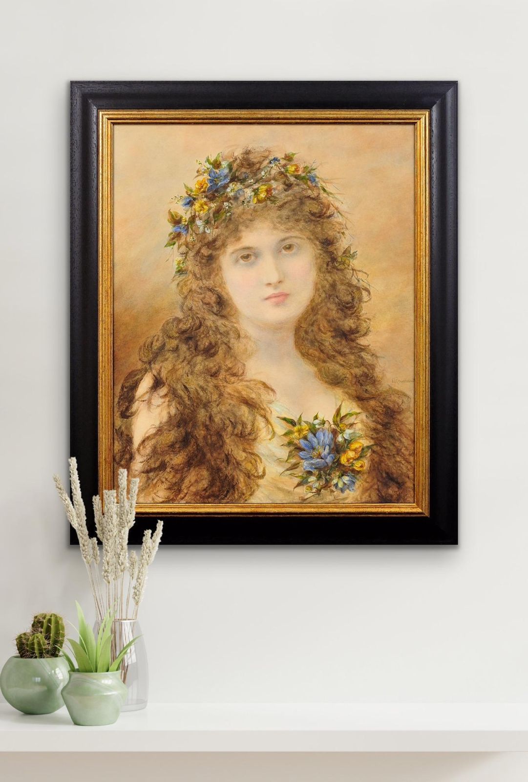photo furniture Alice Renshaw 1849 To 1900. Primavera. Young Lady With Springtime Flowers In Her Cascading Locks. Framed Victorian Mixed Media Painting.