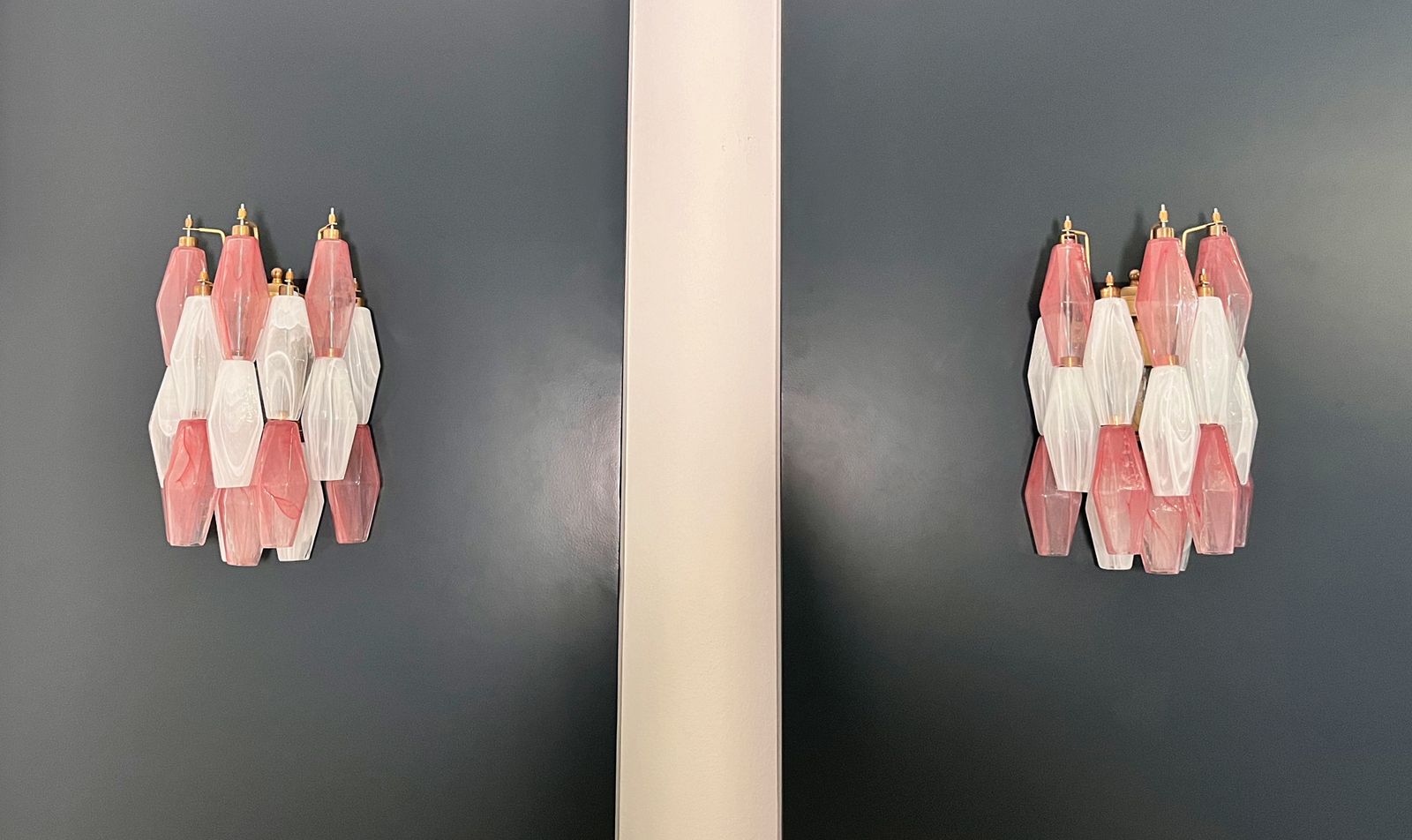 Vintage Murano Italian Poliedri White And Pink Albaster Wall Sconces photo for sale