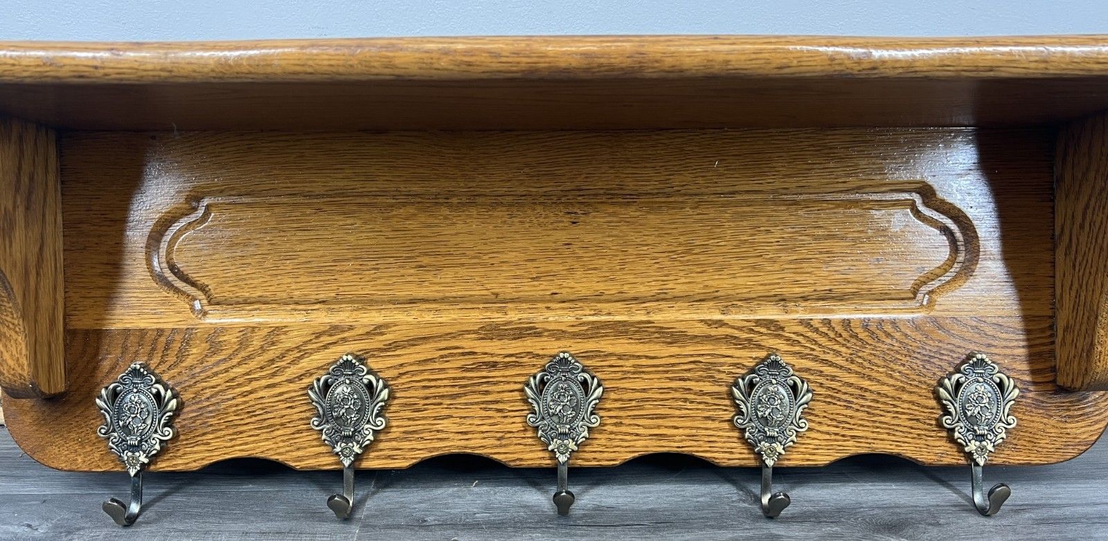 French Vintage Coat Rack Oak 5 Hooks Wall Shelf Carved Coat Hanger Lot 4494 photo for sale