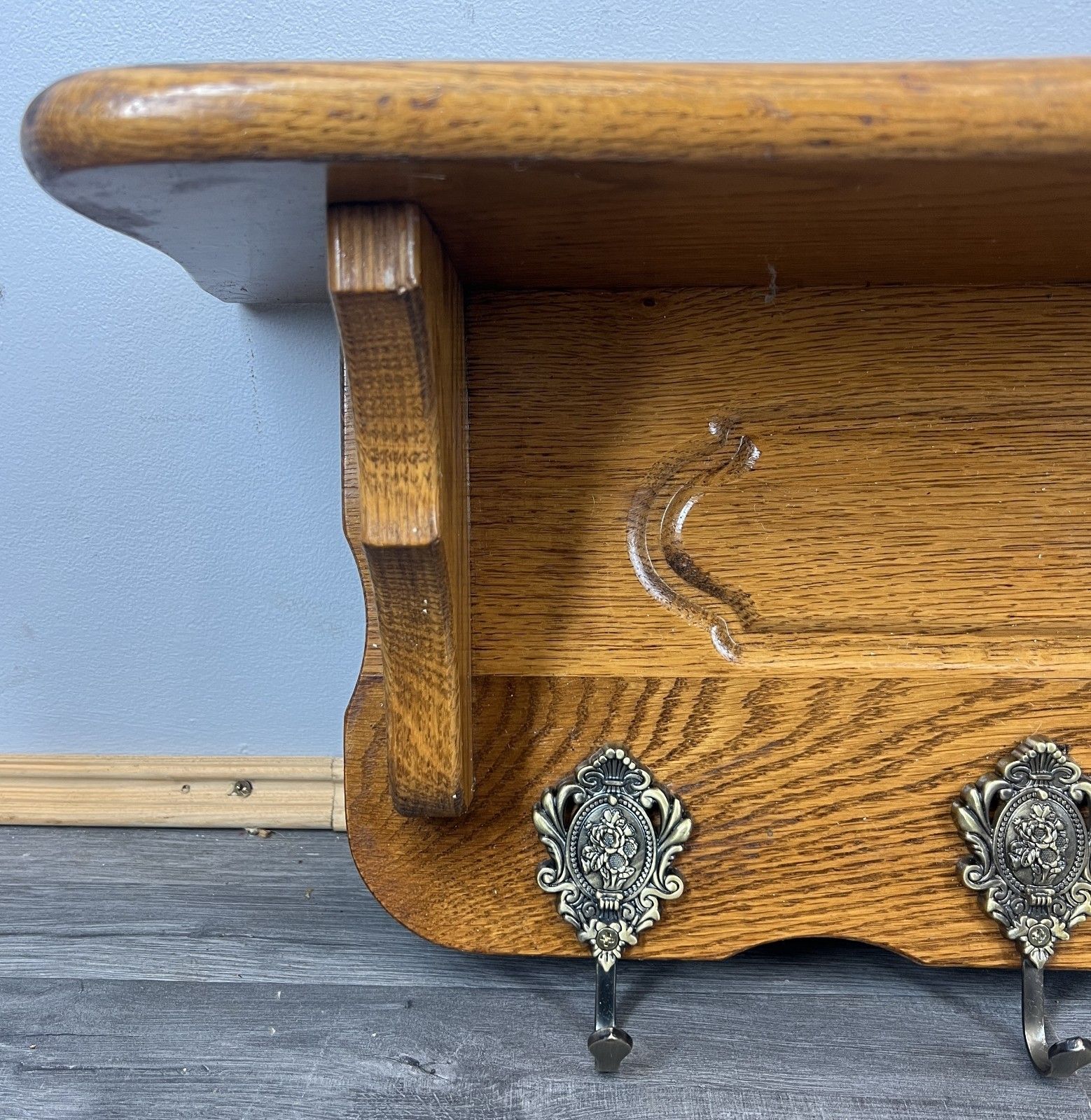 French Vintage Coat Rack Oak 5 Hooks Wall Shelf Carved Coat Hanger Lot 4494 photo 249.0