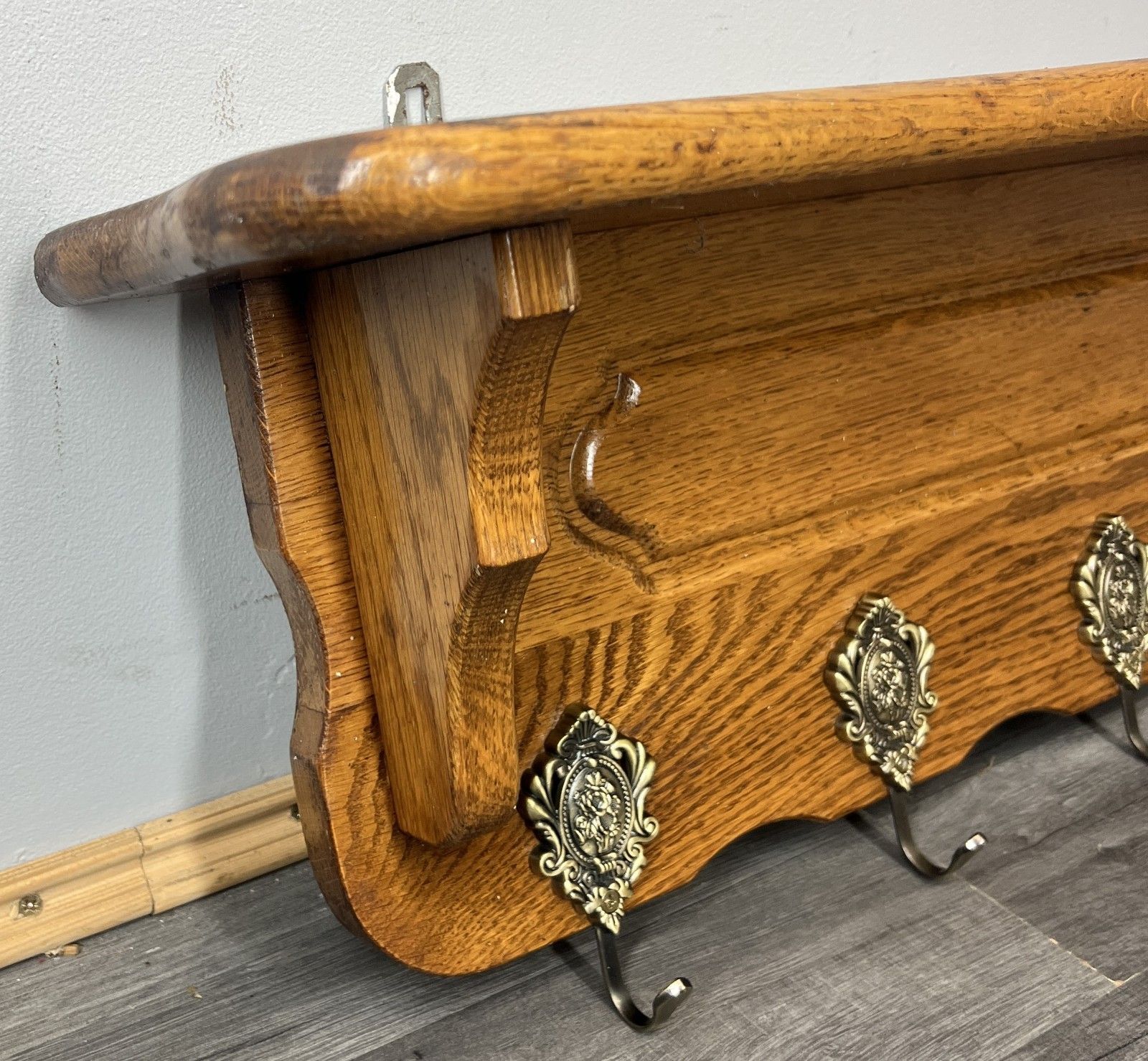 French Vintage Coat Rack Oak 5 Hooks Wall Shelf Carved Coat Hanger Lot 4494 photo buy