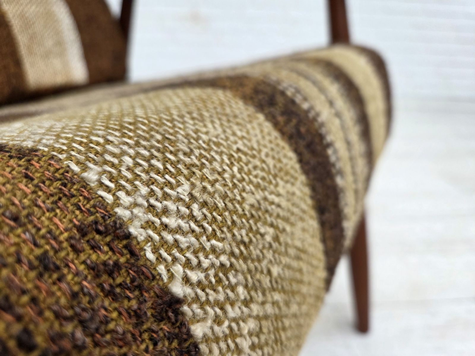 1970s, Danish Armchair, Teak Wood, Furniture Wool Fabric. photo vintage