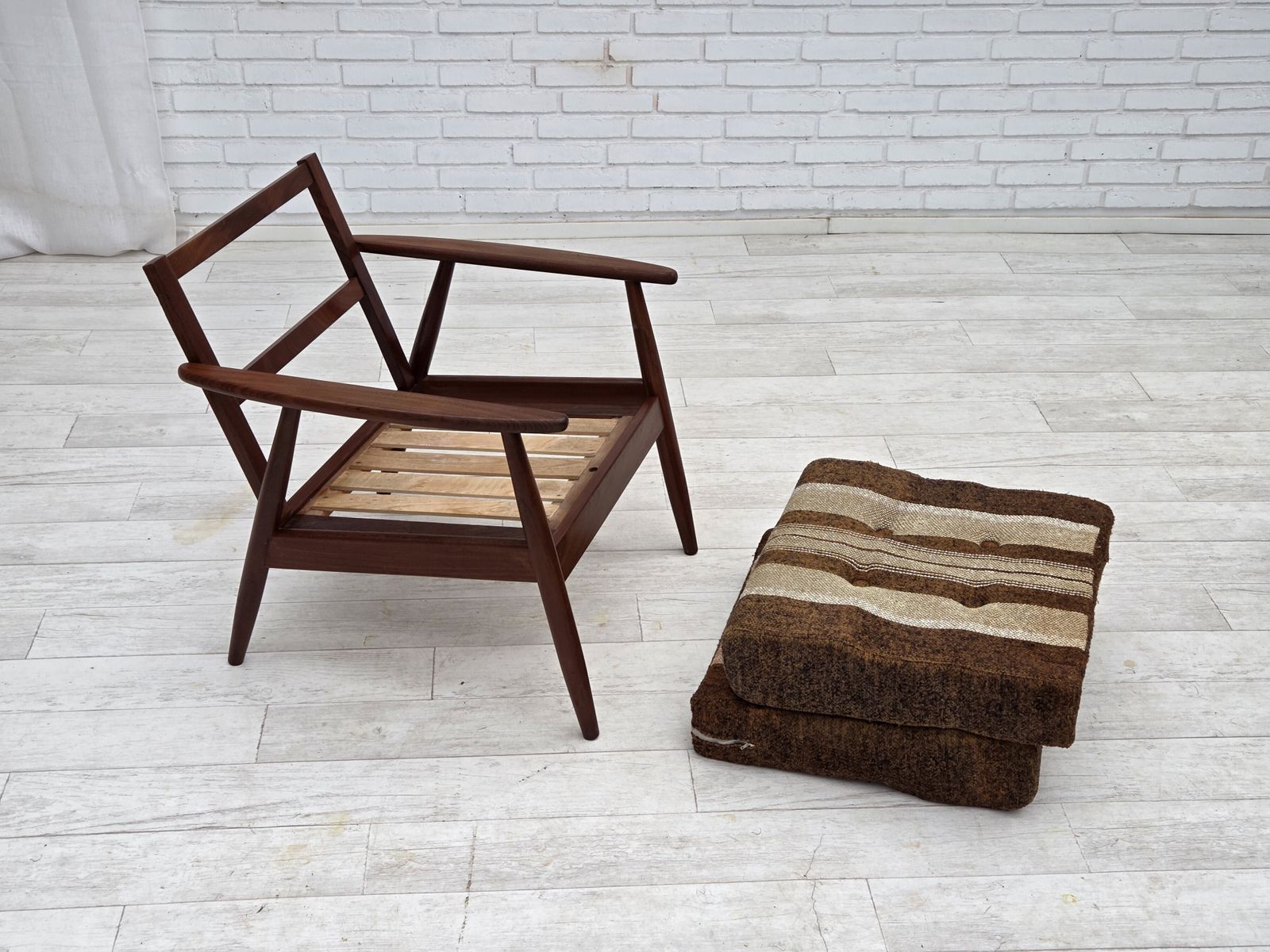 Furniture 1970s, Danish Armchair, Teak Wood, Furniture Wool Fabric. photo