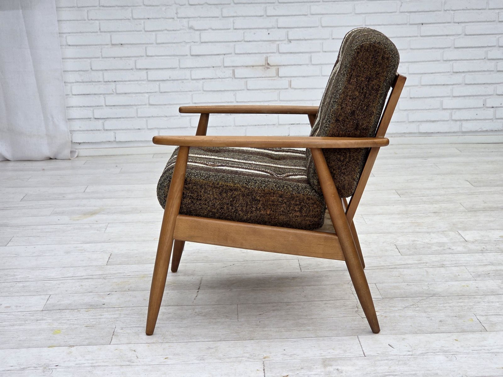 photo for sale 1970s, Danish Armchair, Beech Wood, Furniture Wool Fabric.