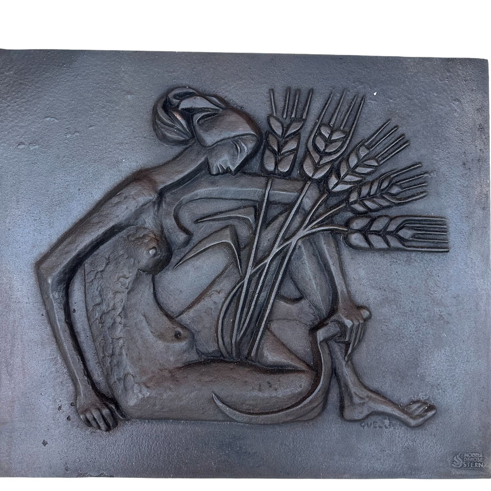 Modernist Cast Iron Plaque Depicting A Nude Woman Holding A Scythe And Ears Of Wheat photo Art