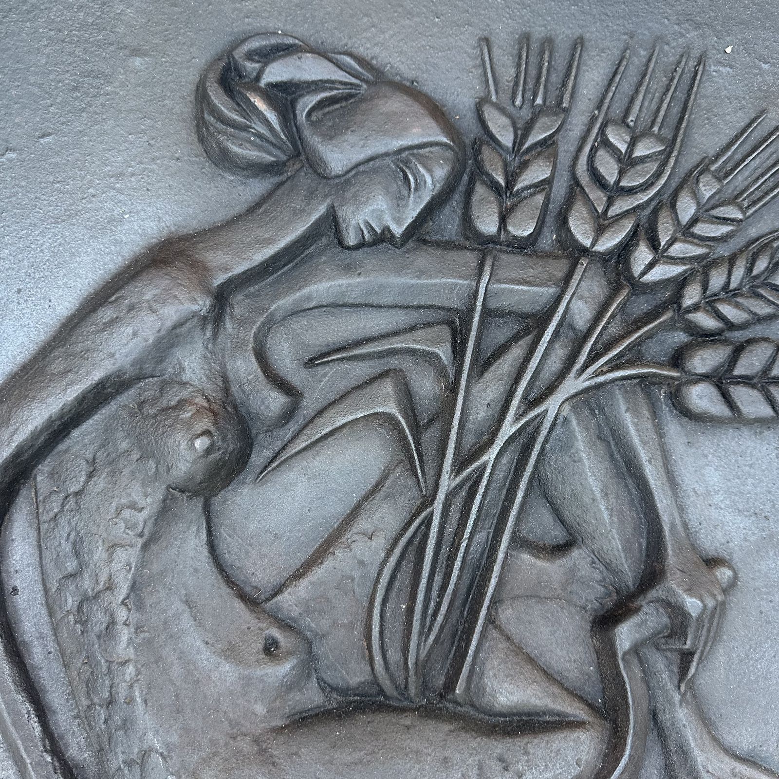 Modernist Cast Iron Plaque Depicting A Nude Woman Holding A Scythe And Ears Of Wheat photo vinterior