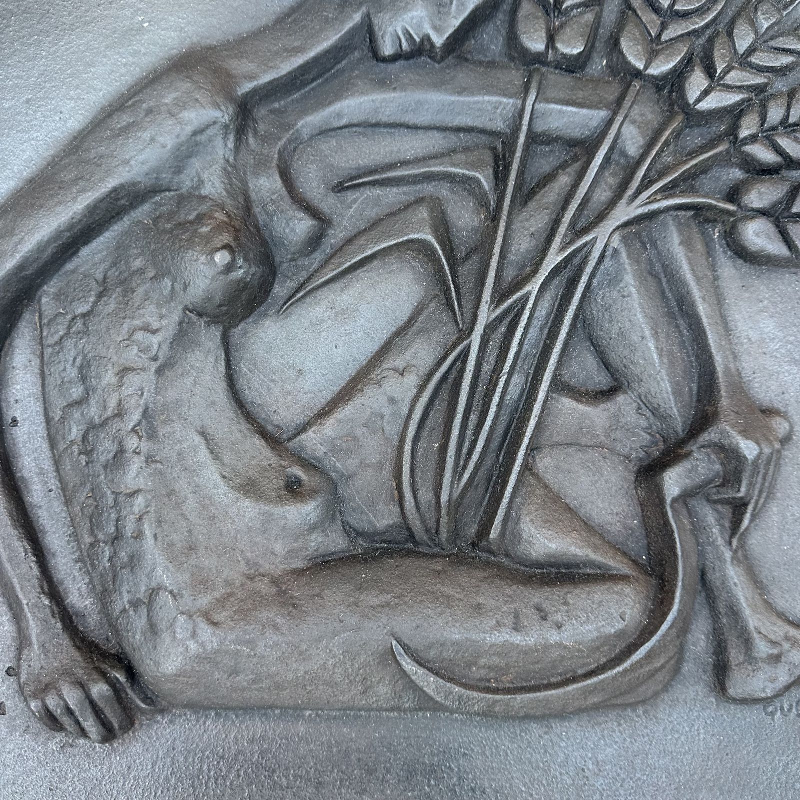 photo furniture Modernist Cast Iron Plaque Depicting A Nude Woman Holding A Scythe And Ears Of Wheat