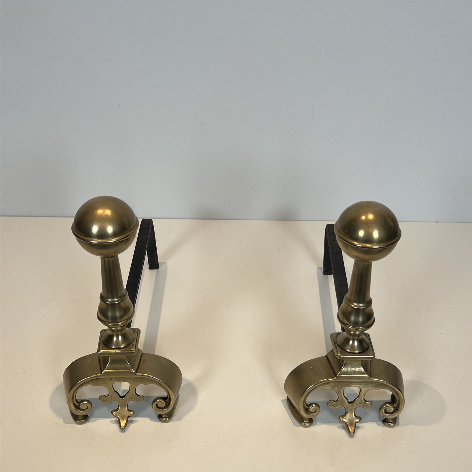 Pair Of Brass Andirons, 1900s, Antique photo Home Fixtures