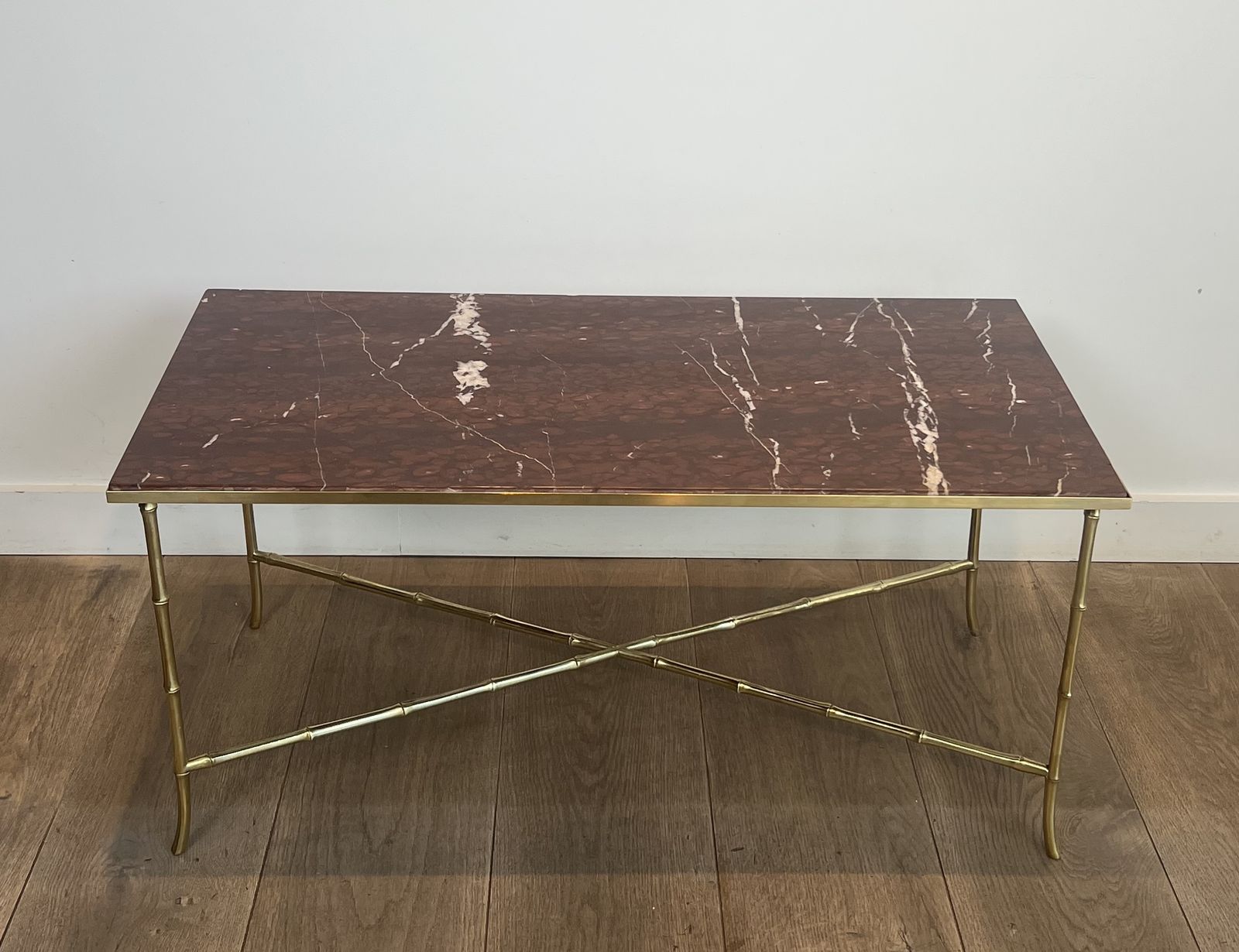 Bronze Coffee Table In Faux Bamboo Style With Veined Red Marble Tops From Maison Bagués