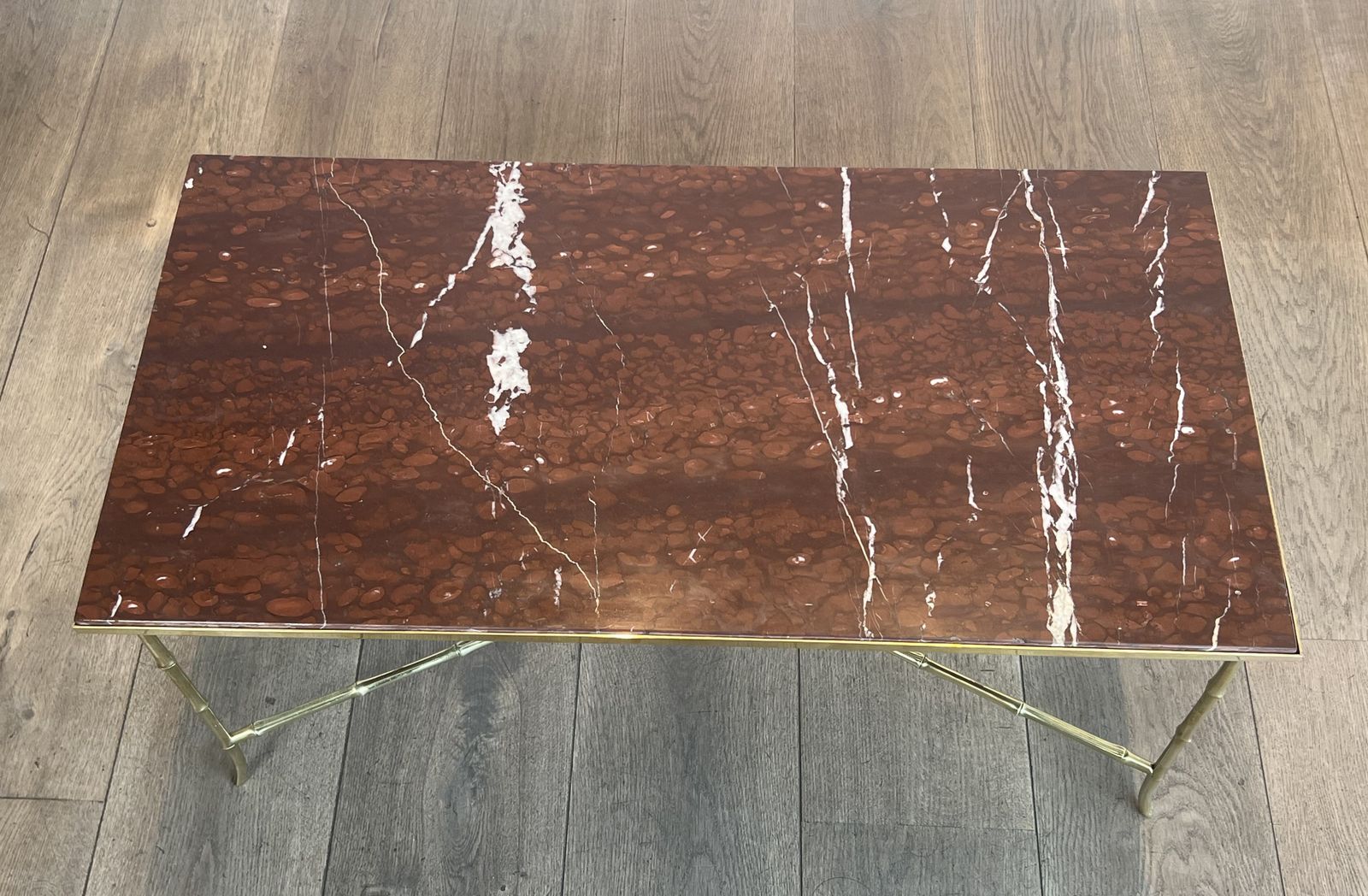 Bronze Coffee Table In Faux Bamboo Style With Veined Red Marble Tops From Maison Bagués photo vintage