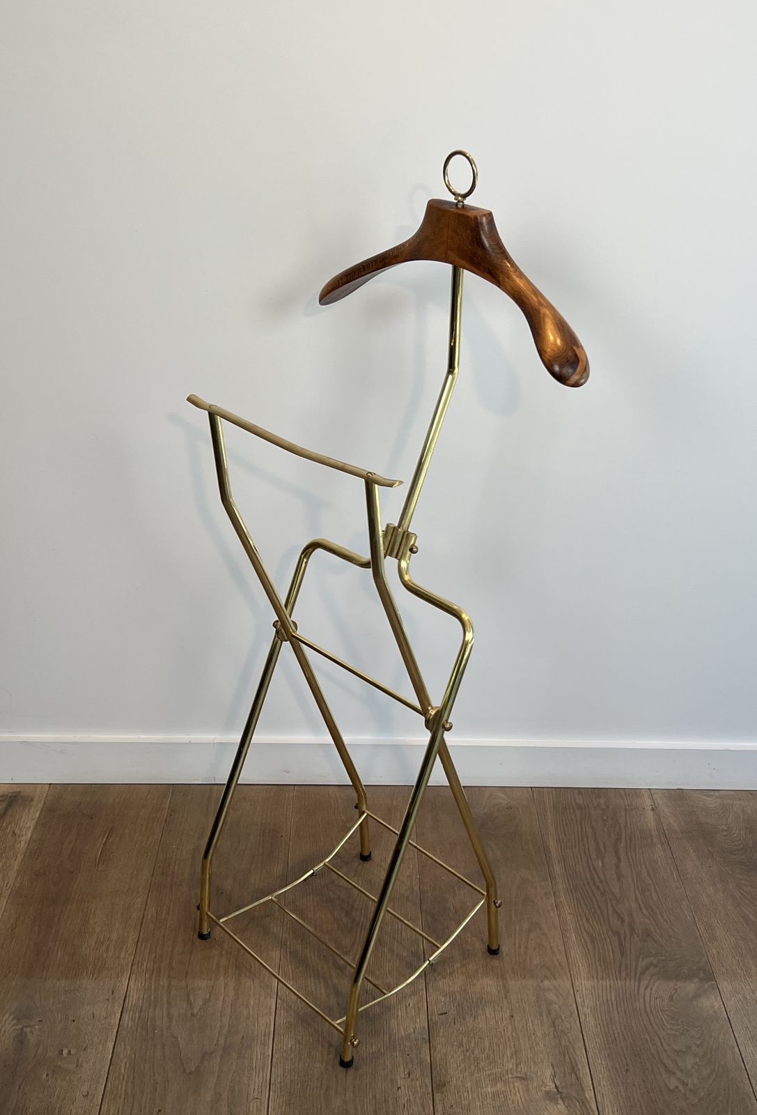 Furniture Neoclassical Style Folding Valet Stand In Brass And Wood photo