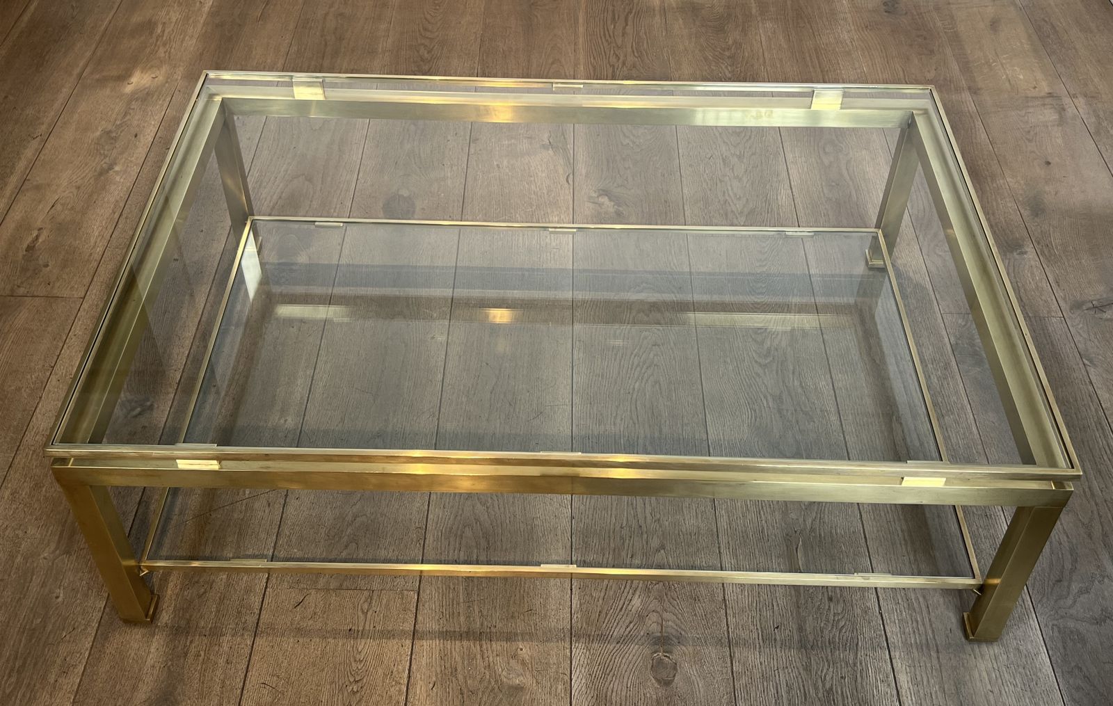 Modernist Coffee Table In Brass And Glass Tops By Guy Lefèvre For Maison Jansen photo for sale