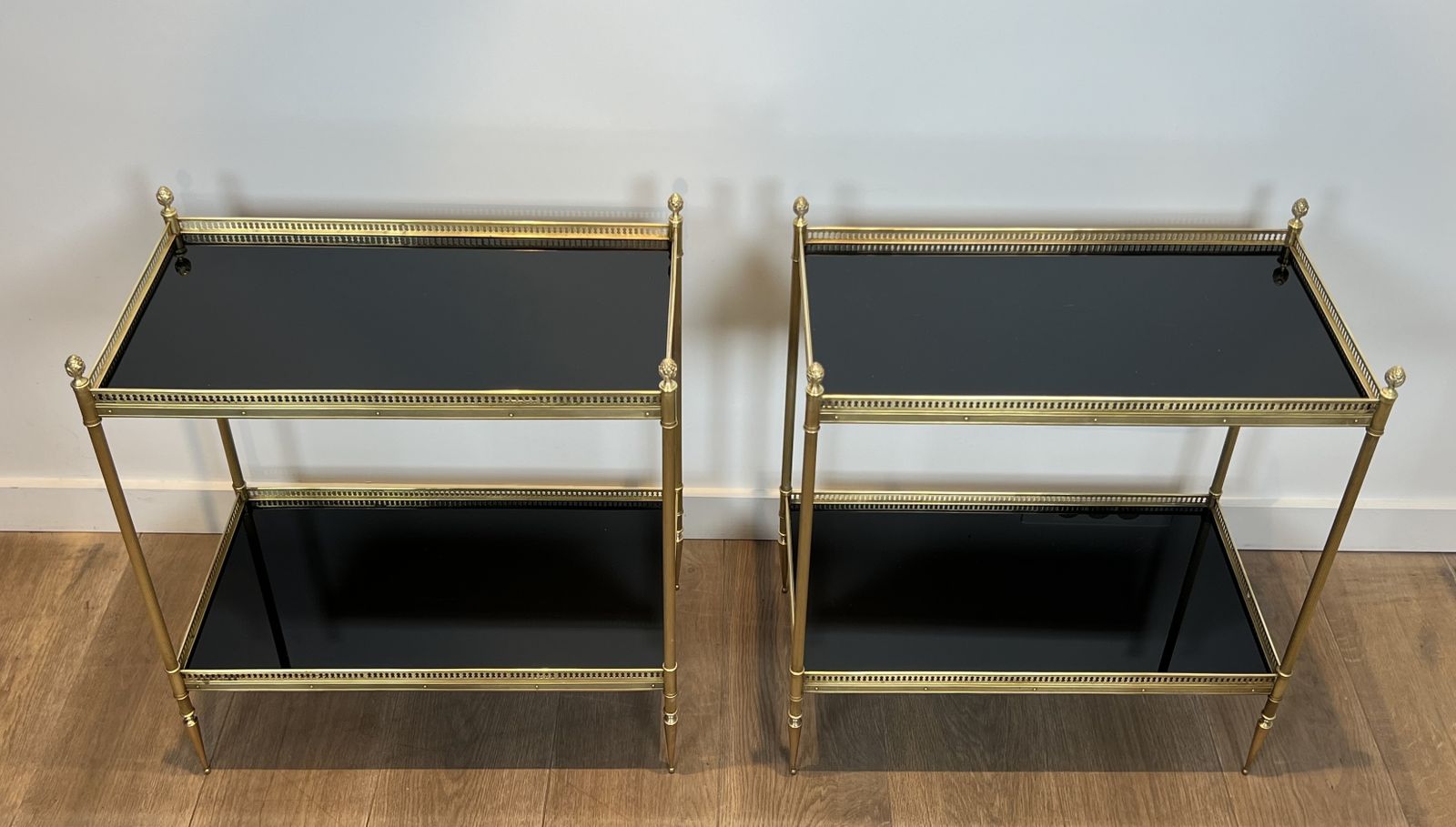 Pair Of Neoclassical Style Brass Side Tables With Black Lacquered Glass Top By Maison Jansen photo furniture