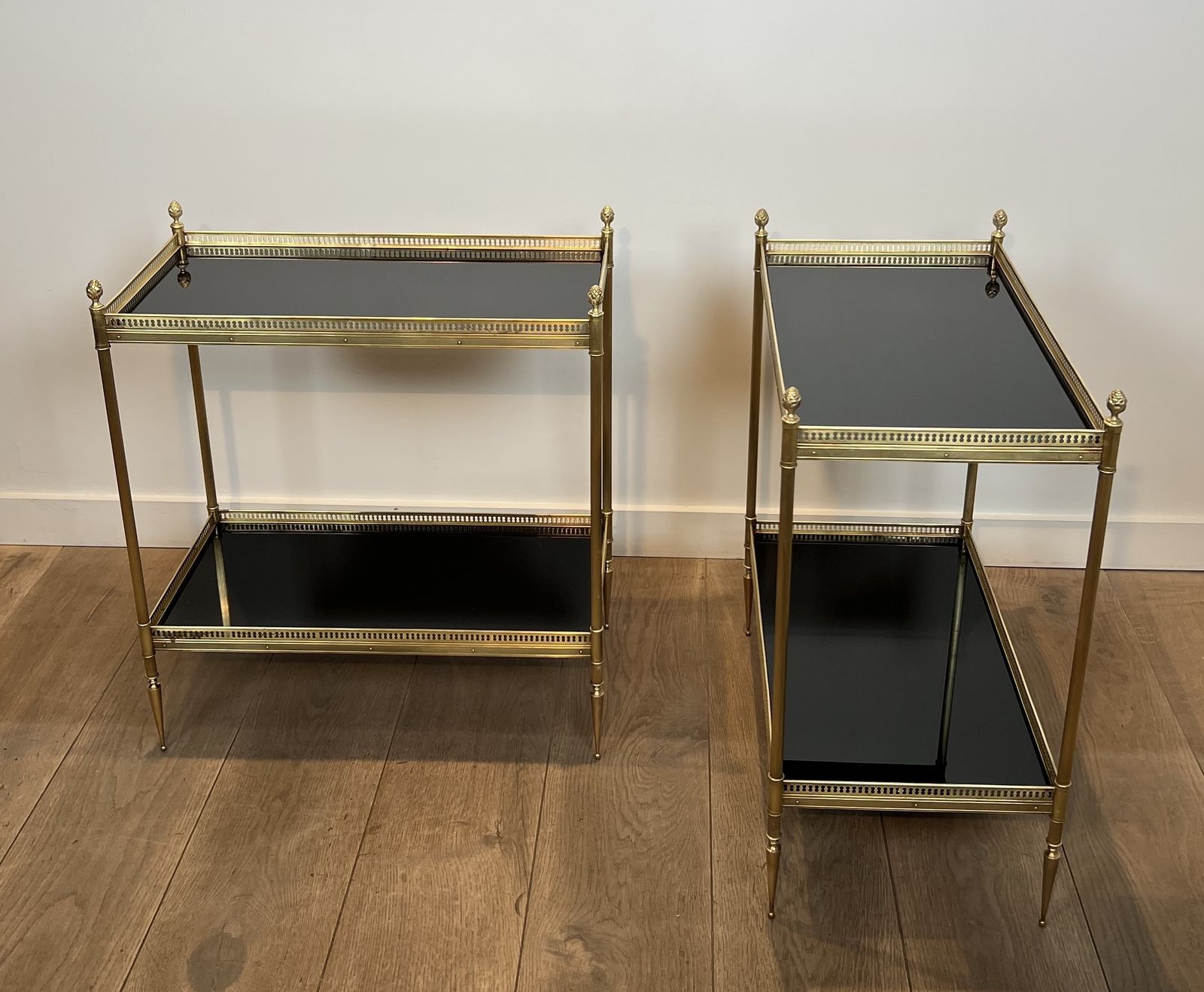 Pair Of Neoclassical Style Brass Side Tables With Black Lacquered Glass Top By Maison Jansen photo for sale