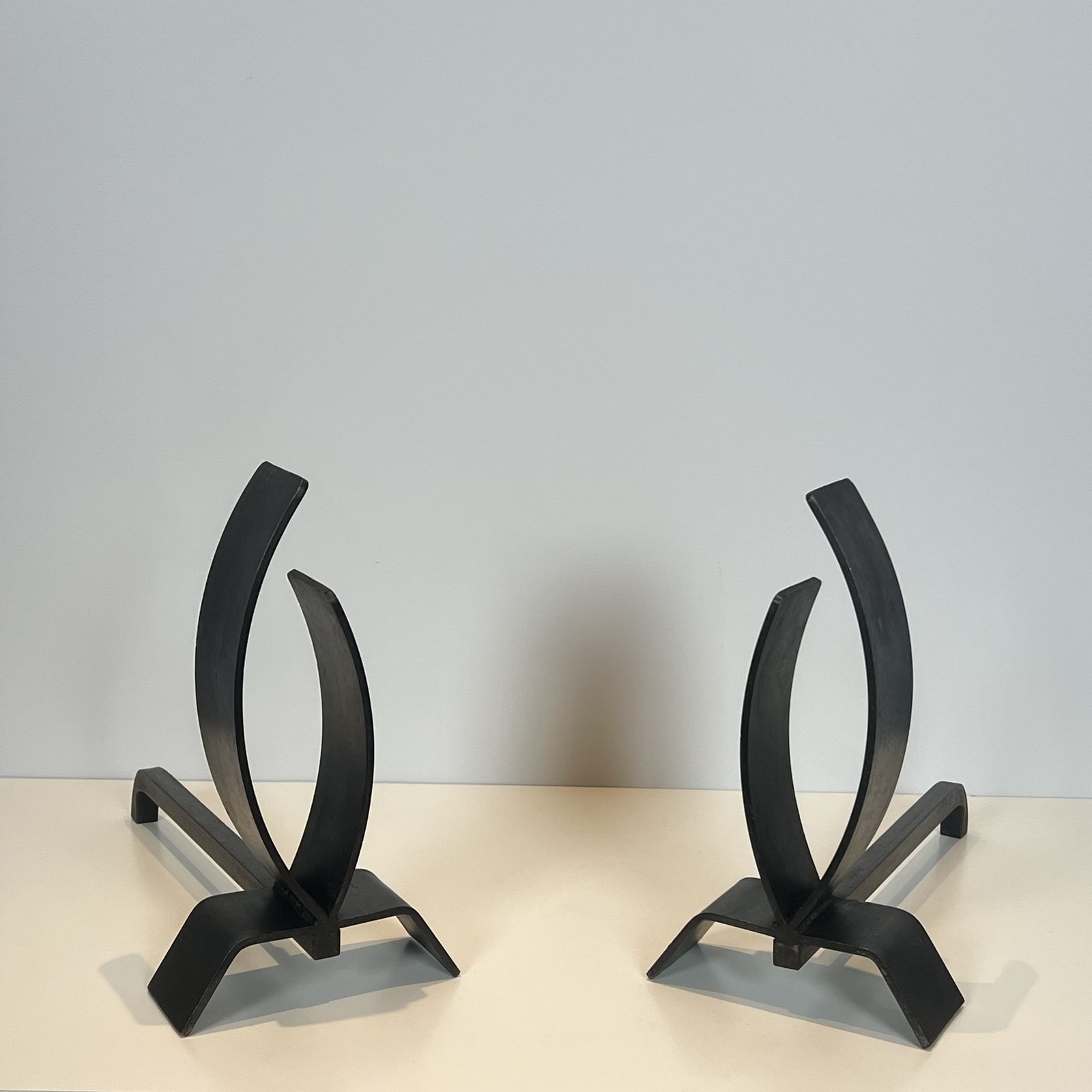Pair Of Modernist Steel And Wrought Iron Andirons