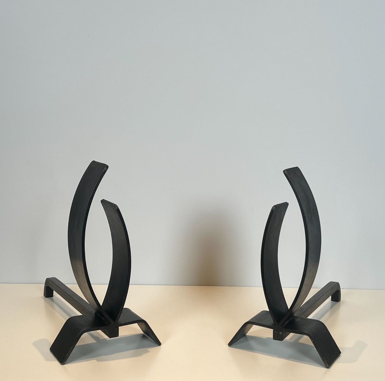 Home Fixtures Pair Of Modernist Steel And Wrought Iron Andirons photo