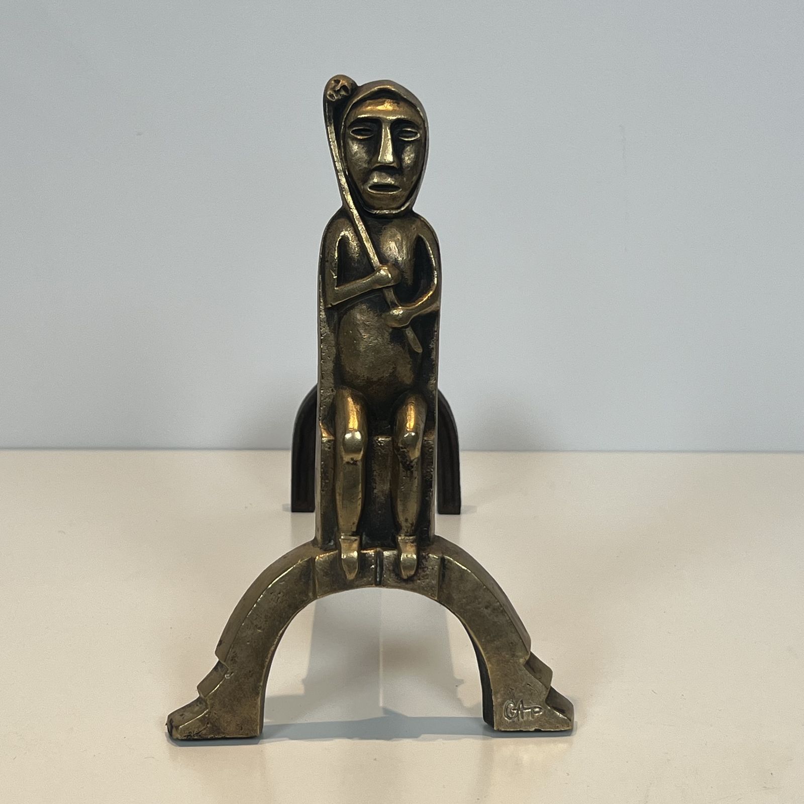 Pair Of Bronze Andirons With Seated Shamans, Monogrammed Anton Prinner photo buy