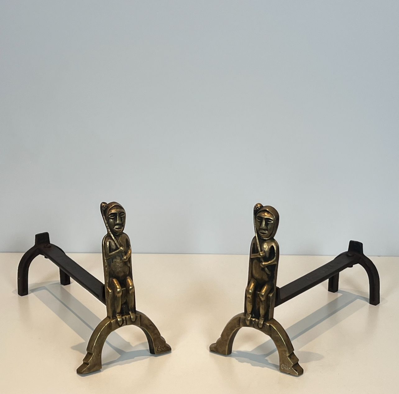 photo vinterior Pair Of Bronze Andirons With Seated Shamans, Monogrammed Anton Prinner