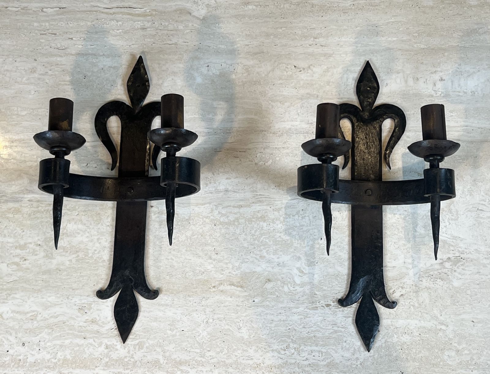 Important Pair Of Wrought Iron Wall Sconces "With Fleur De Lys" Design, 2 Light Gothic Style